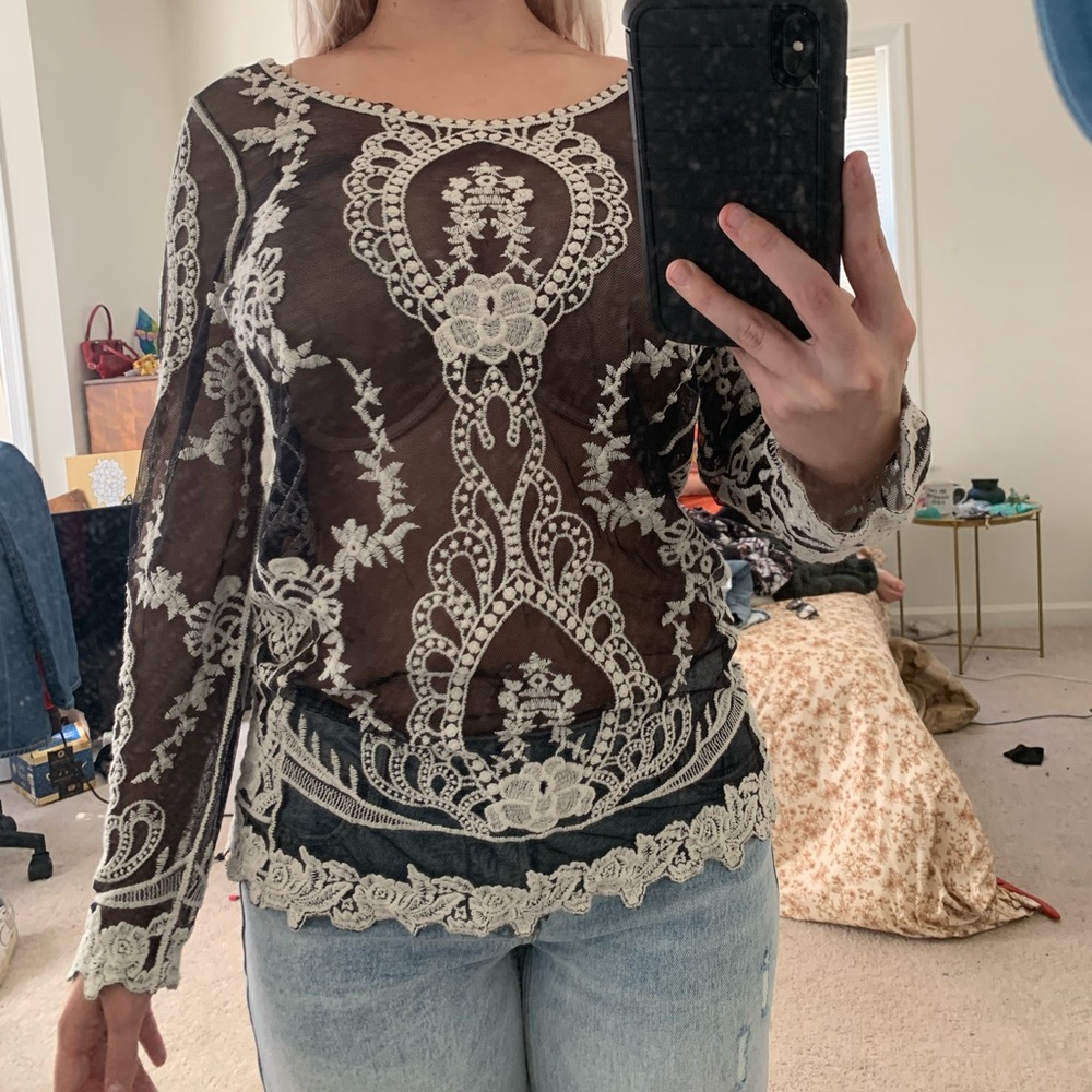 Black and white mesh/detailed top